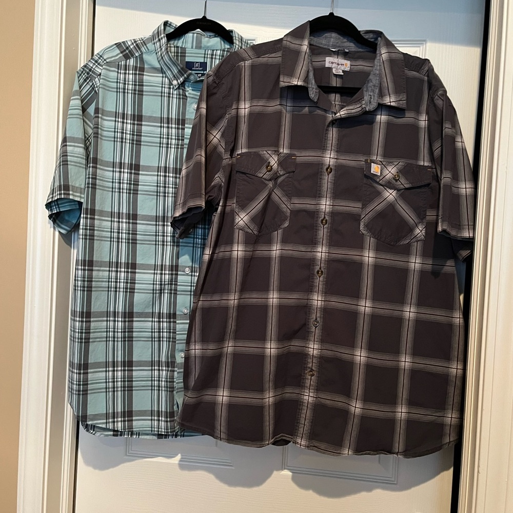 SOLD SOLD. Two mens XXL short sleeve shirts. Gray and green.